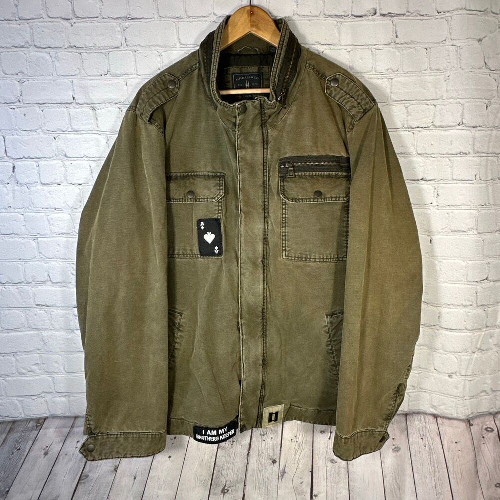 G.H. Bass Military Utility Field Jacket XXL Mens Green Patches Barn Chore Coat